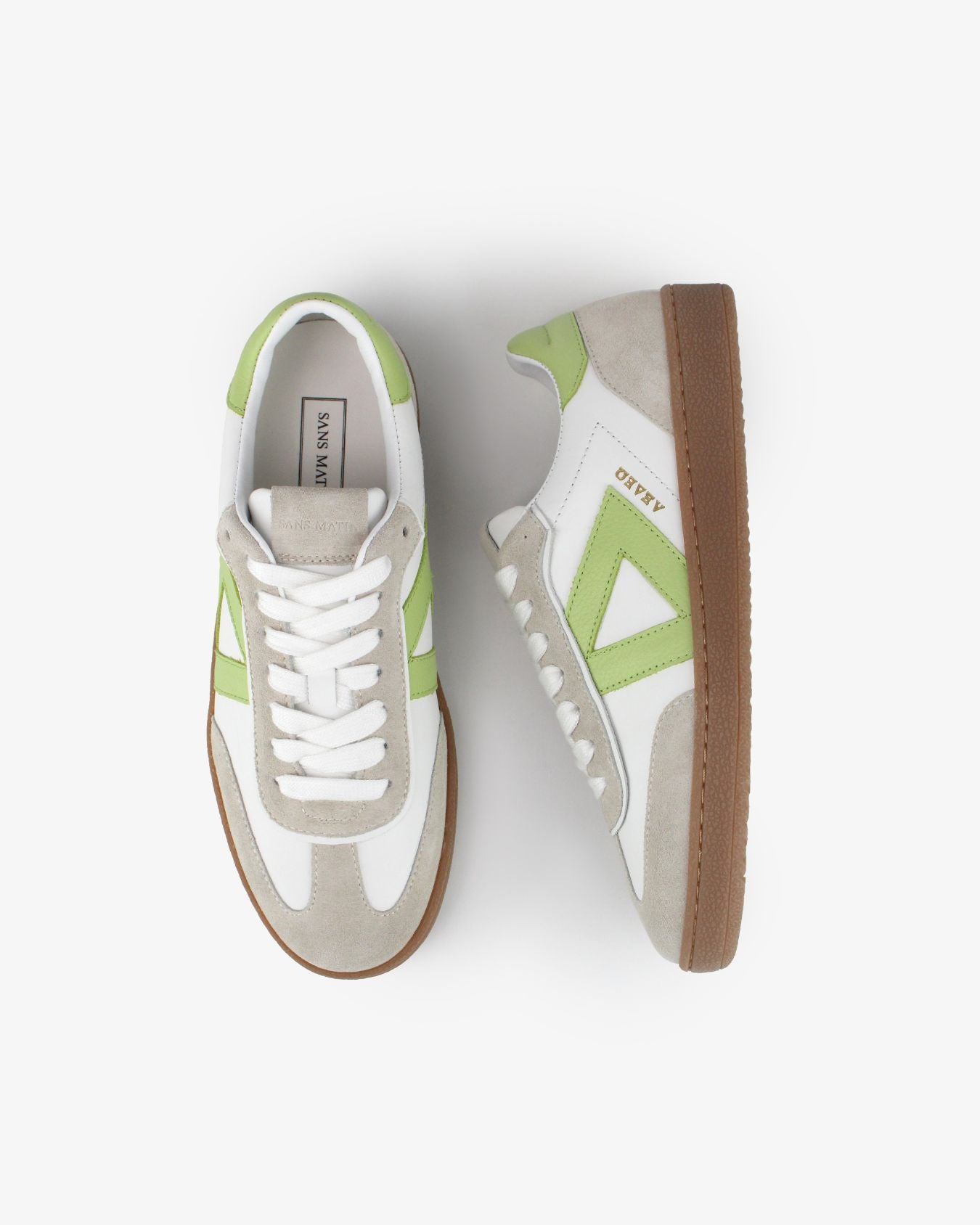 Hera Low Top Sneakers - White Leather, Taupe Suede & Lime Green Pebbled Leather