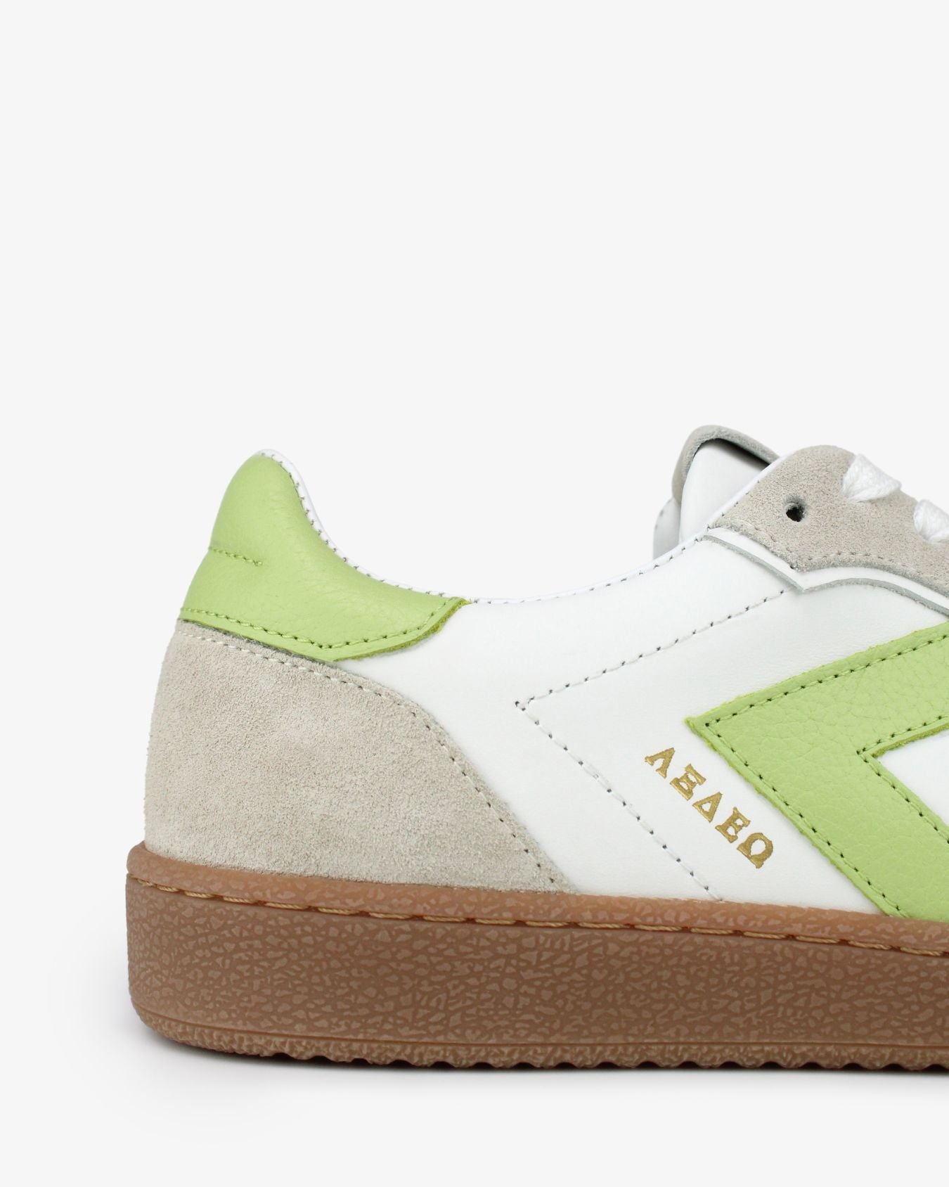 Hera Low Top Sneakers - White Leather, Taupe Suede & Lime Green Pebbled Leather