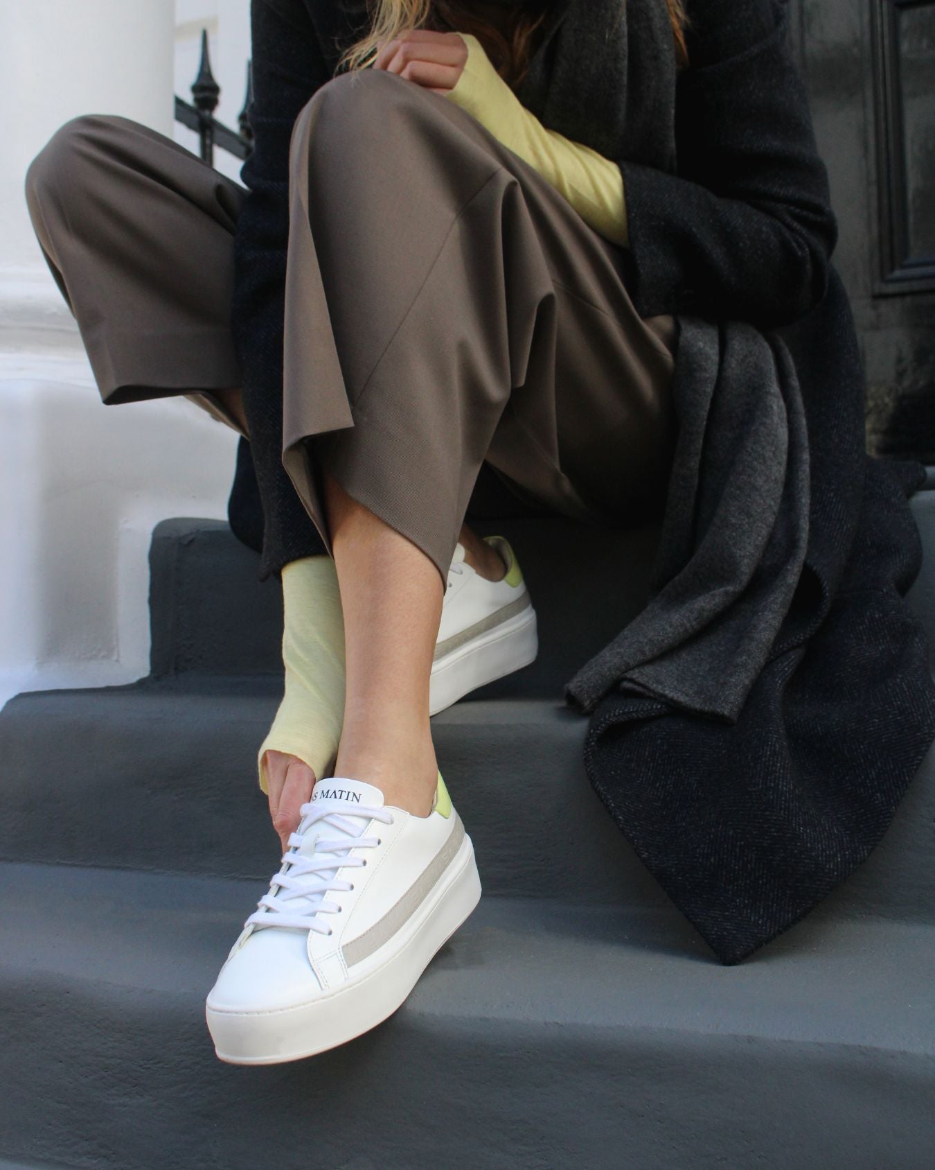 Gaia Platform Sneakers - White, Grey & Lime-Yellow Pebbled Leather