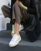 Gaia Platform Sneakers - White, Grey & Lime-Yellow Pebbled Leather