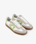 Hera Low Top Sneakers - White Leather, Taupe Suede & Lime Green Pebbled Leather