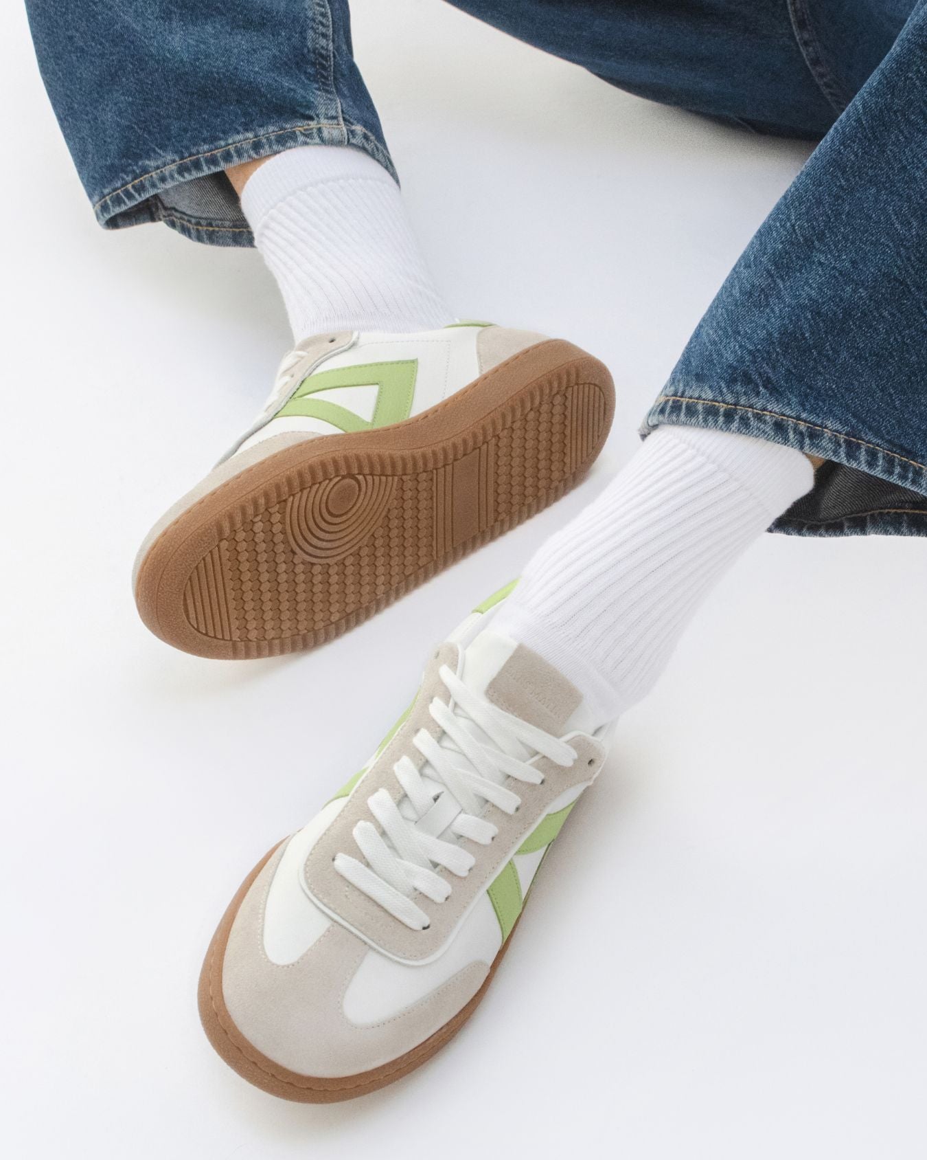 Hera Low Top Sneakers - White Leather, Taupe Suede & Lime Green Pebbled Leather