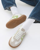 Hera Low Top Sneakers - White Leather, Taupe Suede & Lime Green Pebbled Leather
