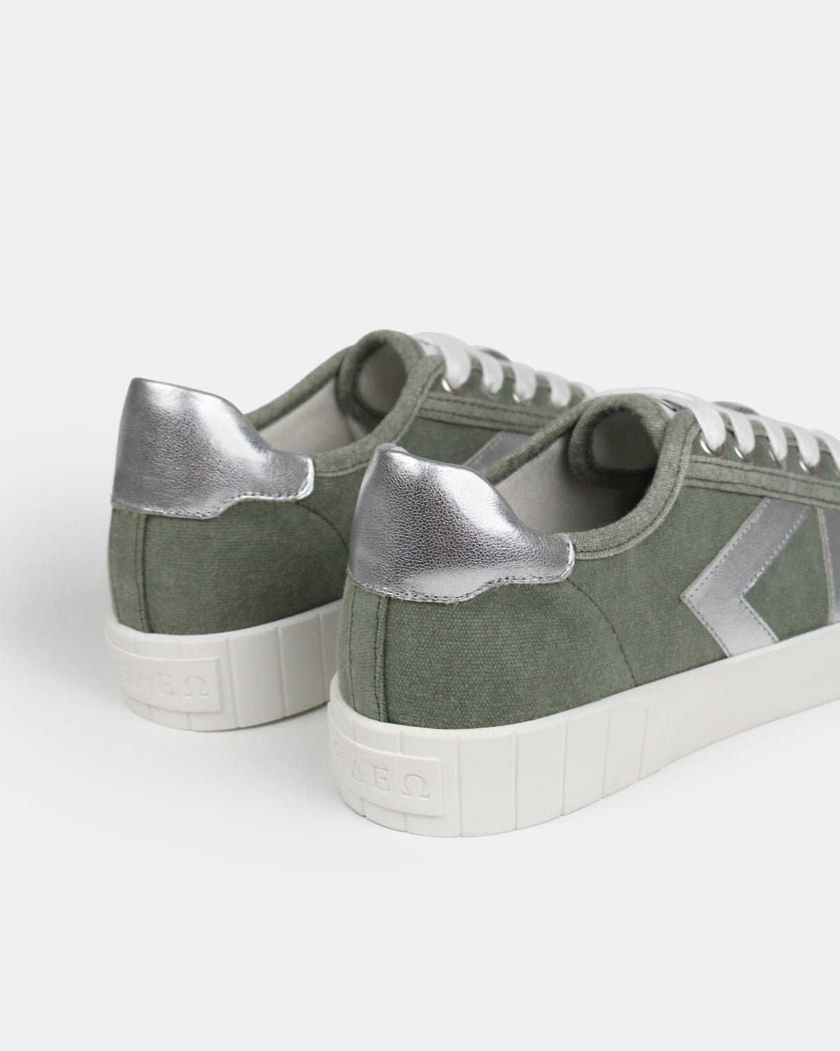 AW25 Limited Edition Helios Low Top Sneakers - Khaki Green Canvas & Silver Leather