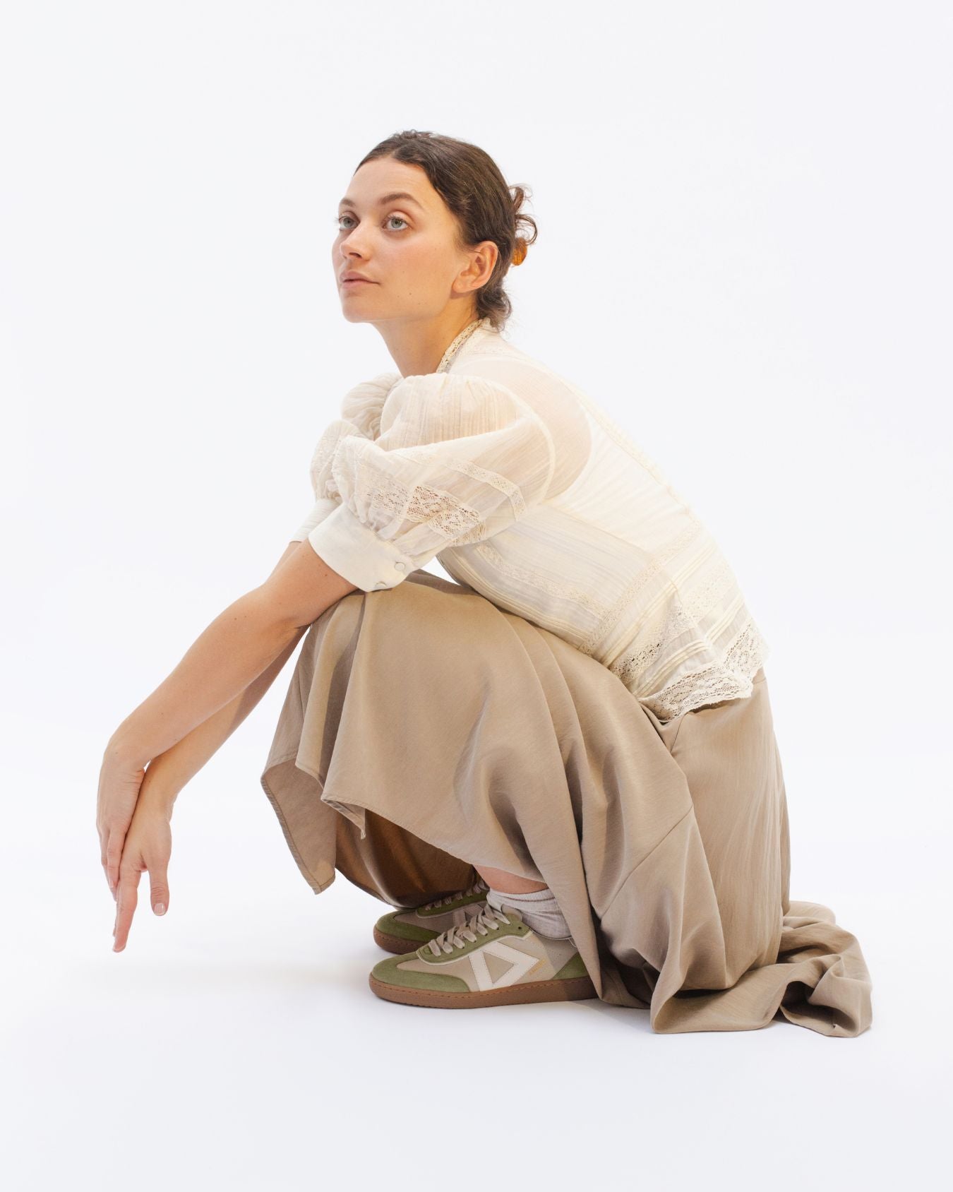 Hera Low Top Sneakers - Taupe Leather, Olive Green Suede & Stone Leather