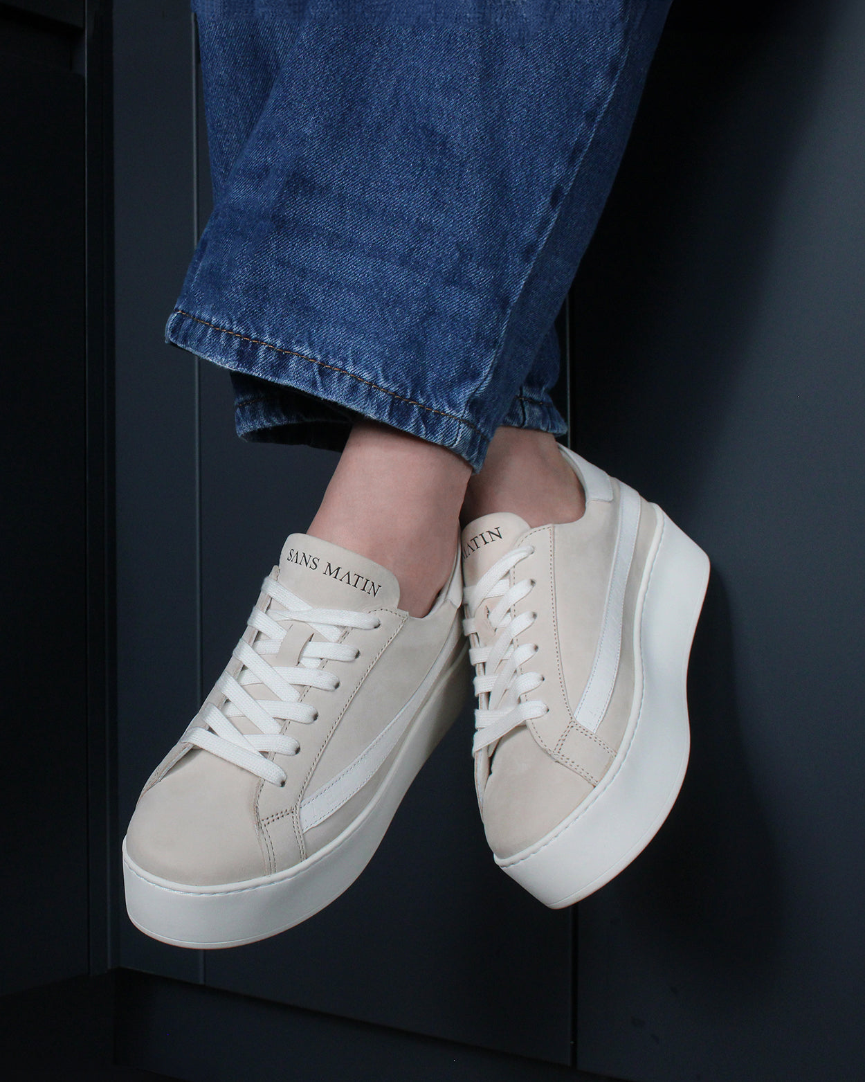 Gaia Platform Sneakers - Pale Taupe Nubuck Leather & White Leather