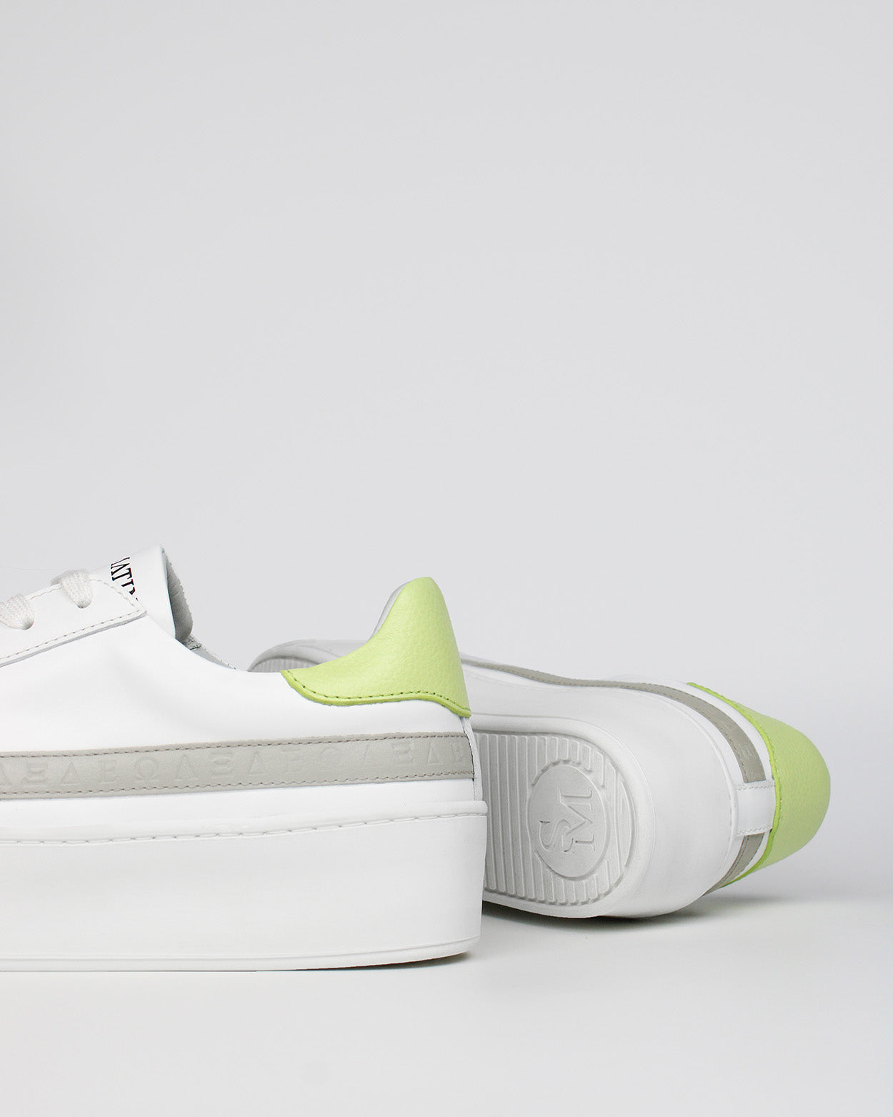 Gaia Platform Sneakers - White, Grey & Lime-Yellow Pebbled Leather