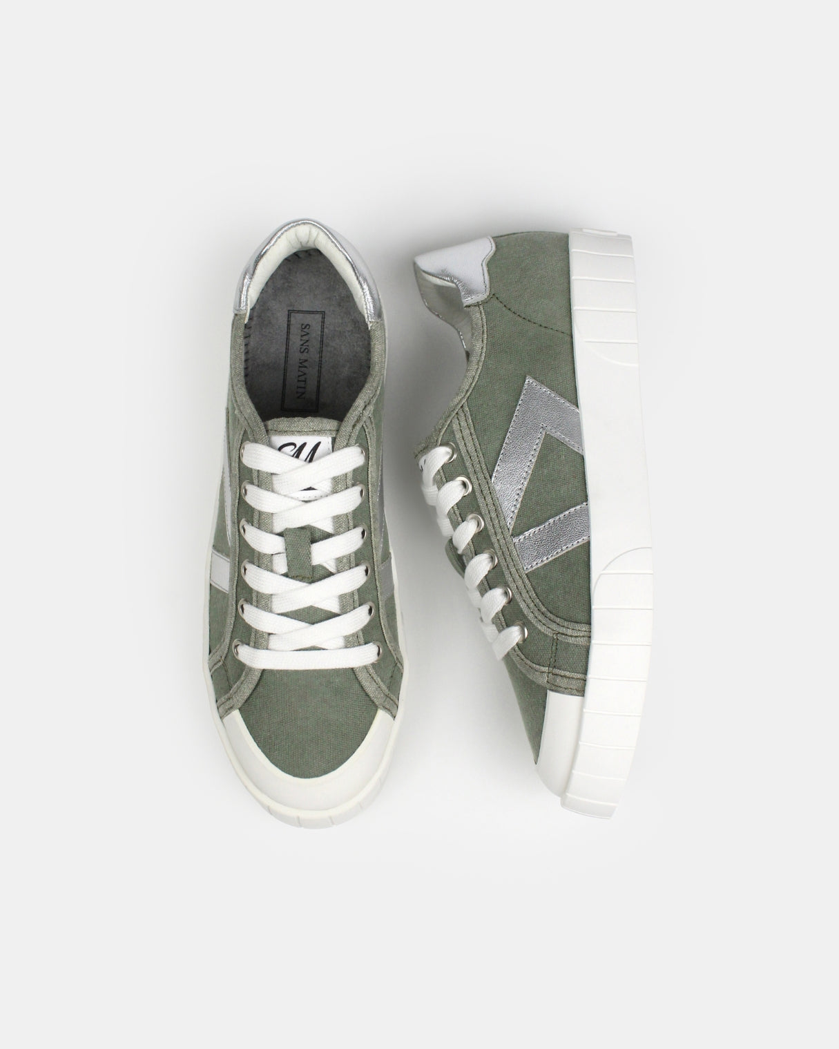 AW25 Limited Edition Helios Low Top Sneakers - Khaki Green Canvas & Silver Leather