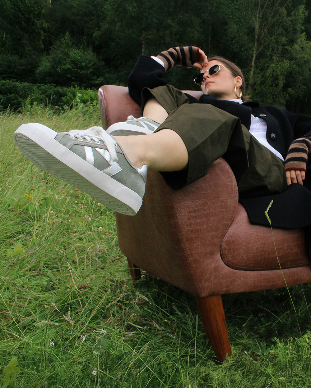 AW25 Limited Edition Helios Low Top Sneakers - Khaki Green Canvas & Silver Leather
