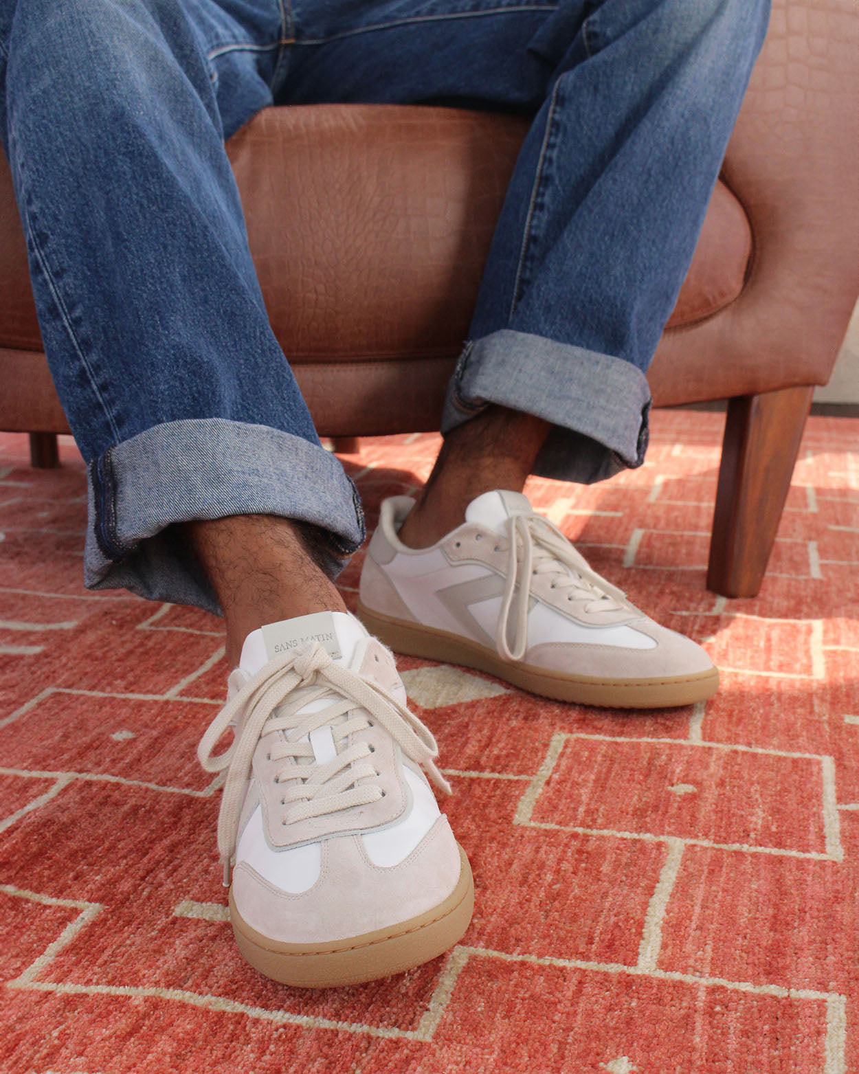 Hera Low Top Trainers - White Leather & Taupe Suede