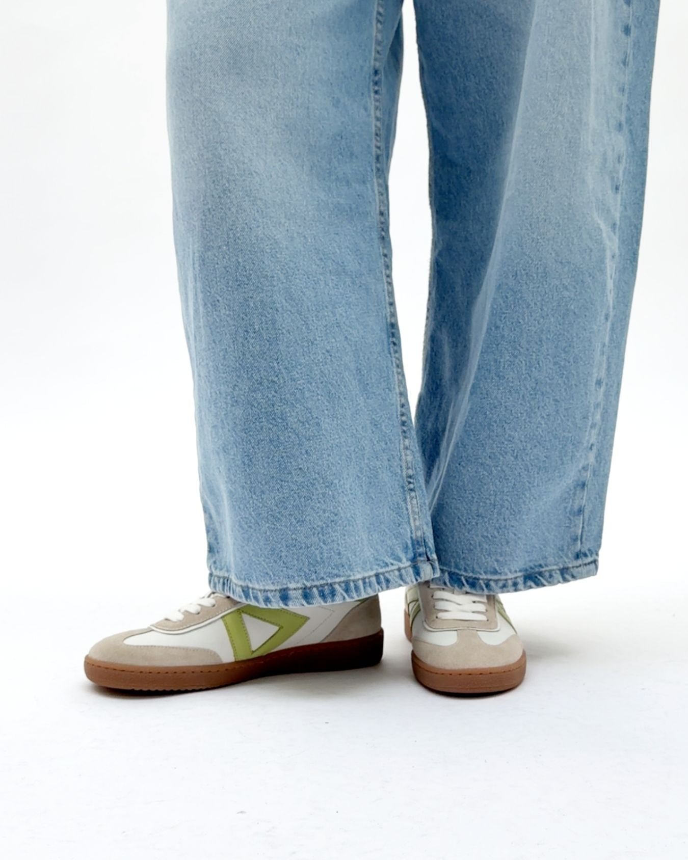 Hera Low Top Sneakers - White Leather, Taupe Suede & Lime Green Pebbled Leather