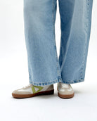 Hera Low Top Sneakers - White Leather, Taupe Suede & Lime Green Pebbled Leather