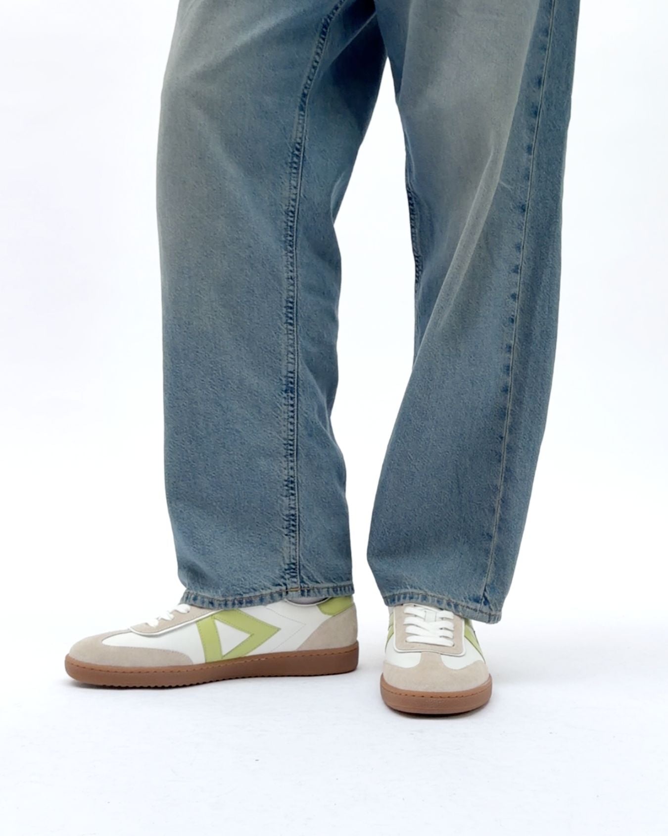 Hera Low Top Sneakers - White Leather, Taupe Suede & Lime Green Pebbled Leather