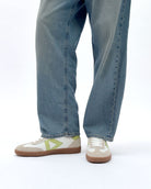 Hera Low Top Sneakers - White Leather, Taupe Suede & Lime Green Pebbled Leather